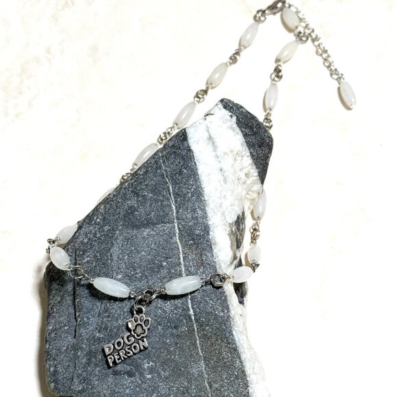 Genuine Milky Quartz Short Necklace, Gemstone w/ Dog Person Paw Print Pendant - Picture 4 of 15